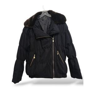 Gallery Quilted Jacket Womens Size S Black Faux Fur Collar Coat Fluffy Puffy Zip